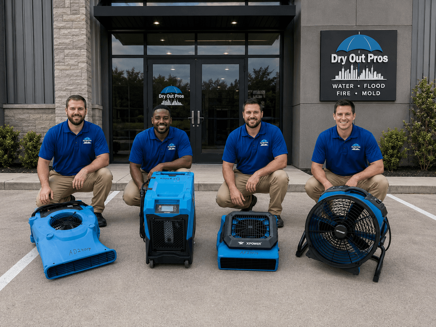 Dry Out Pros technicians with professional water mitigation drying equipment outside a commercial service building