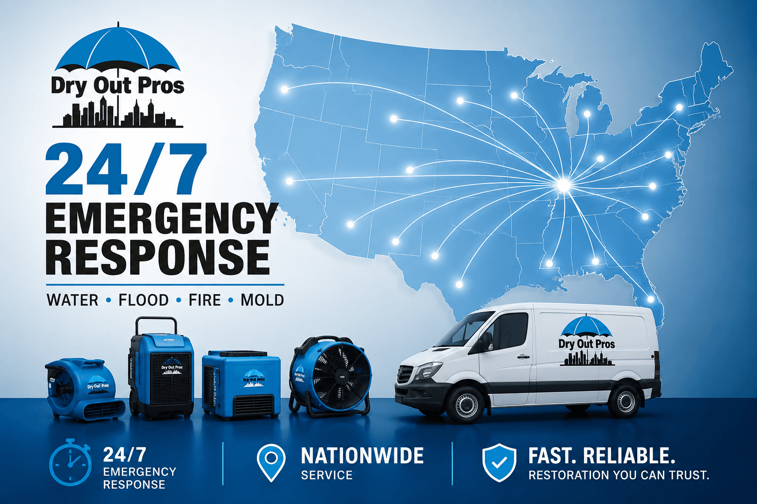 Dry Out Pros 24/7 emergency response service graphic with nationwide response map, equipment, and branded vehicle