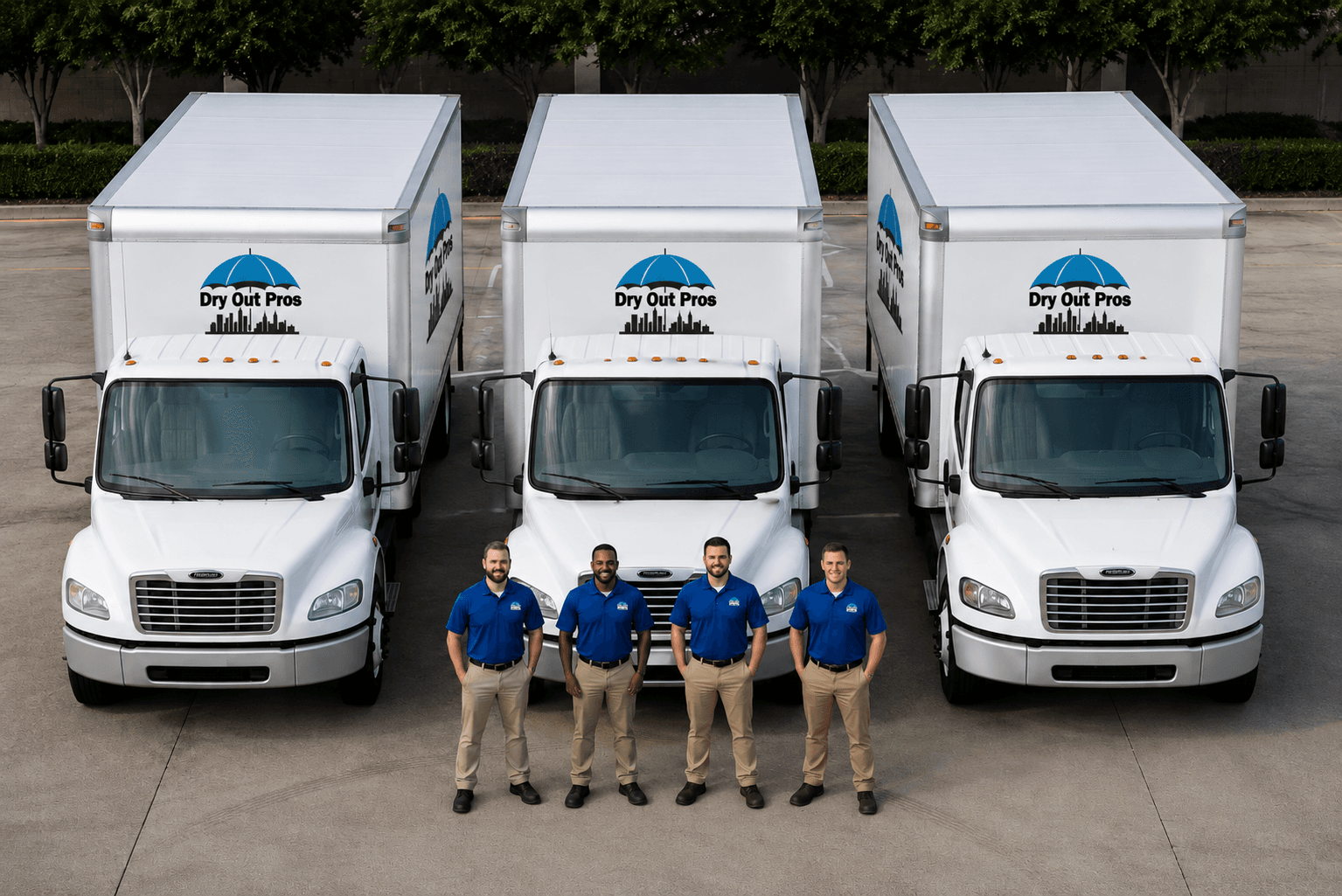 Dry Out Pros fleet trucks and technicians ready for water mitigation response