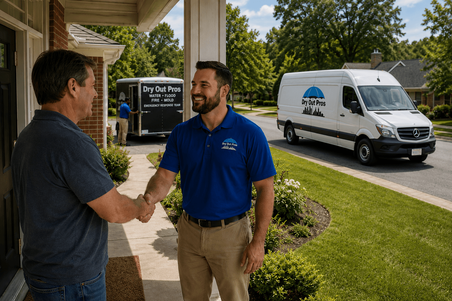 Dry Out Pros technician greeting a homeowner before a water mitigation response