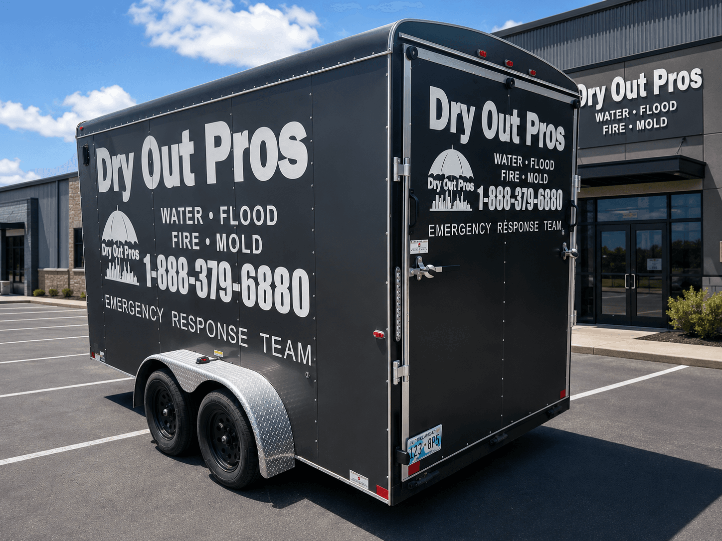 Dry Out Pros branded emergency response trailer outside a commercial service building
