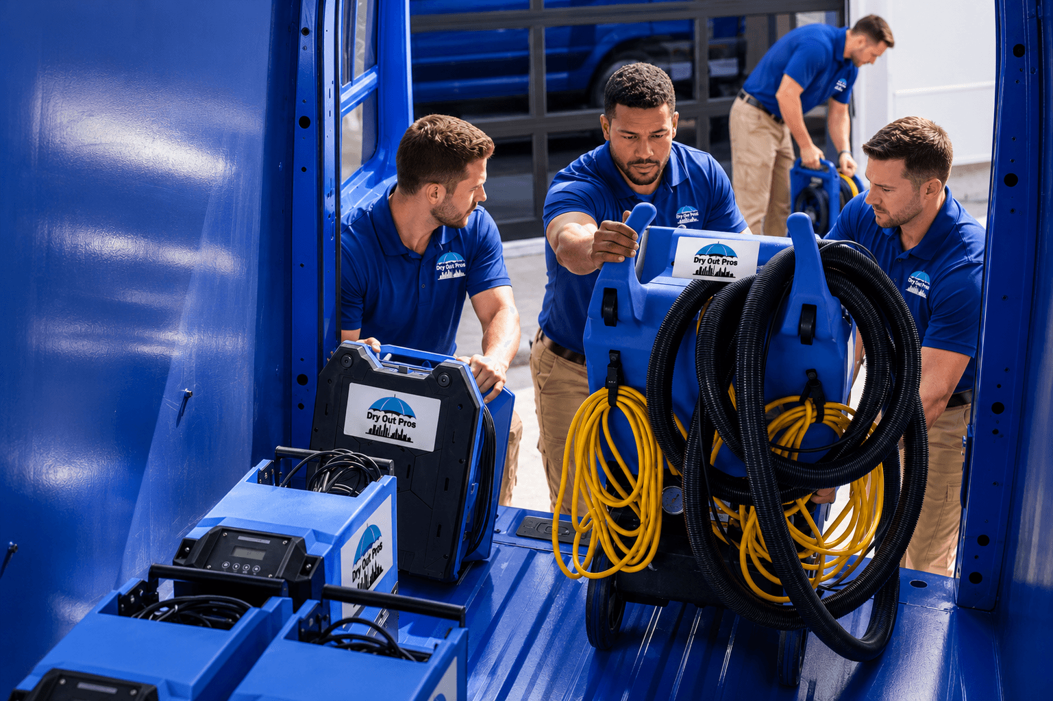 Dry Out Pros technicians preparing professional drying equipment for water mitigation service