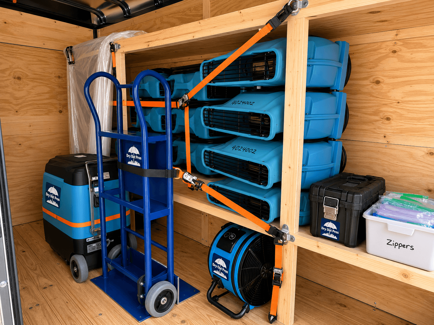 Organized Dry Out Pros mitigation trailer with drying equipment, tools, and supplies