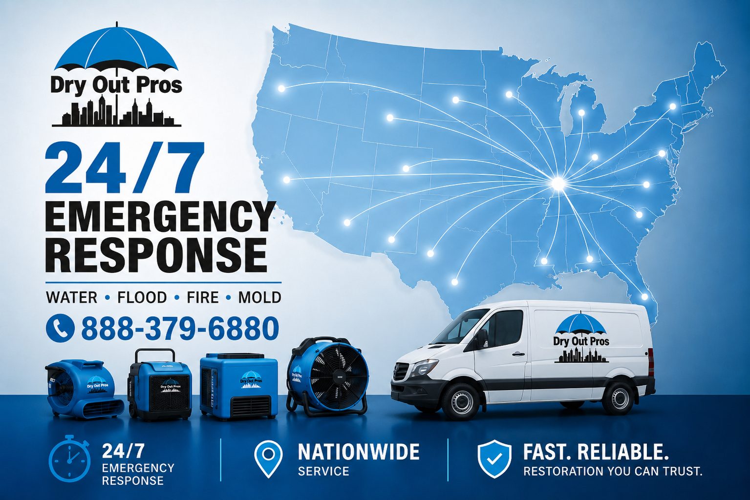 Dry Out Pros 24/7 emergency response service with equipment and branded response vehicle