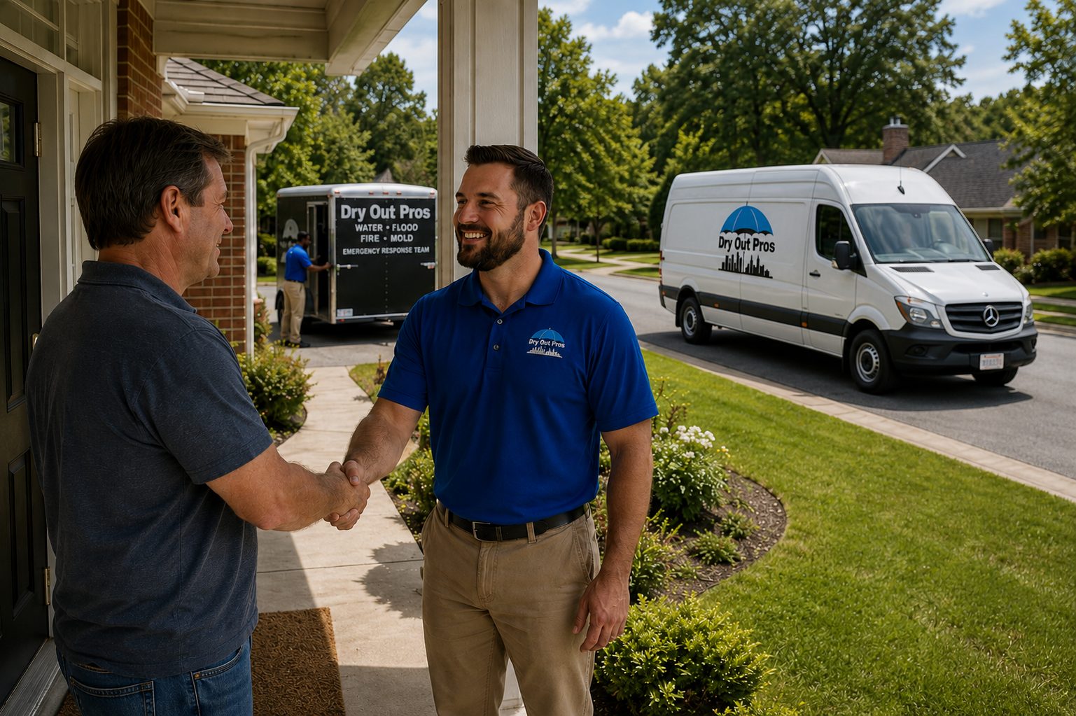 Dry Out Pros representative meeting with a policyholder at the start of a water damage claim