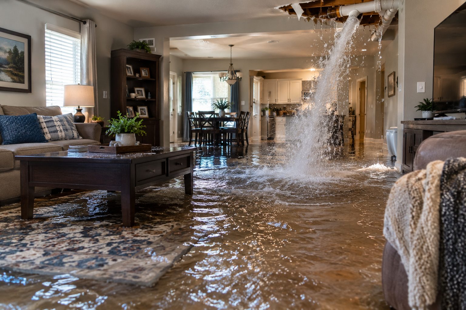 Water pouring from a burst pipe through the ceiling and flooding the living room and kitchen of a Kansas City home