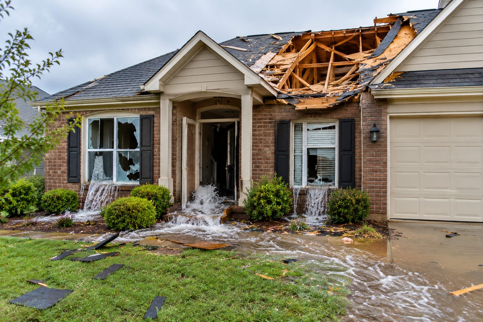Storm-damaged home with the roof torn open and water pouring out of broken windows, needing emergency board-up and roof tarping